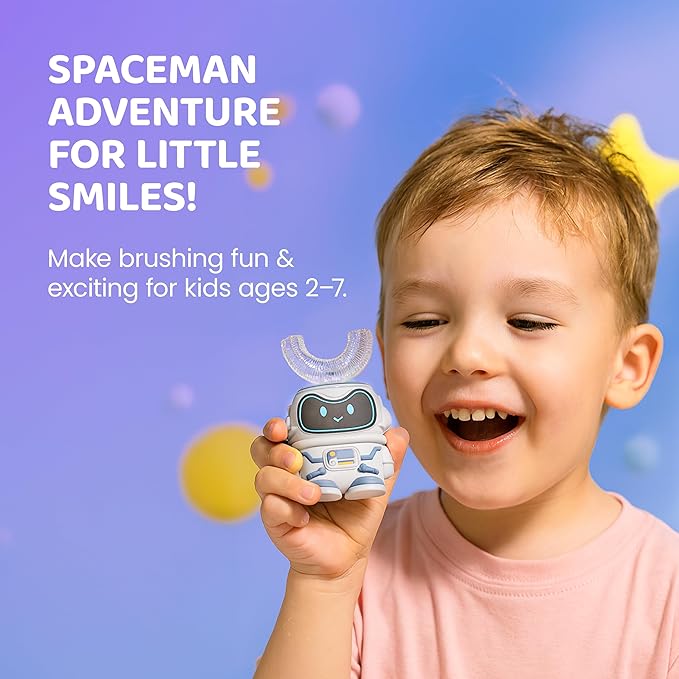 Well Before Kids U Shaped Electric Toothbrush with 5 Brush Heads, Ultrasonic, 5 Modes, IPX7 Waterproof Design (Spaceman, Blue Ages 2-7)