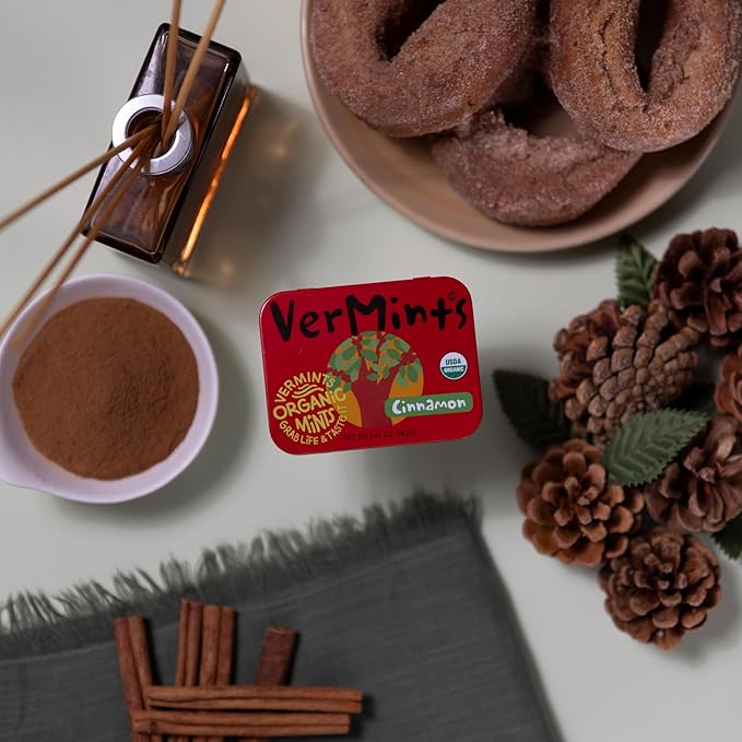 VerMints Organic Cinnamon Breath Mints - Real Lasting Cinnamon Refreshment - Travel Size Tin - Non-GMO, Nut Free, Gluten Free, Vegan & Kosher Organic Flavored Mints - 1.41 oz (6 Pack)
