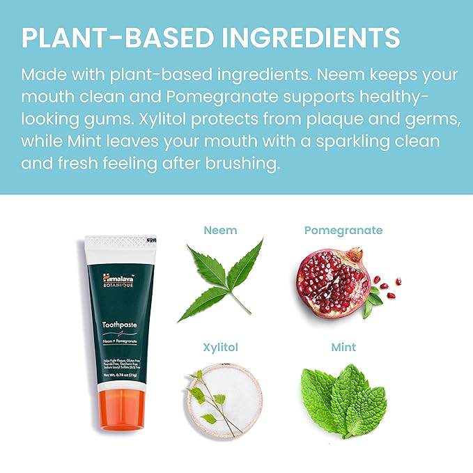 Himalaya Botanique Neem & Pomegranate Travel Toothpaste, Mint Flavor - Travel Size Fluoride Free Toothpaste Fights Plaque & for Fresh Breath - Vegan, Gluten Free, No SLS, 0.74 oz (Pack of 10)