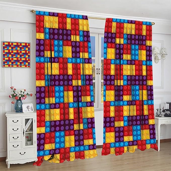Building Block Colored Curtains, Children's Themed Curtains Collection Building Block Patchwork Cartoon Print Curtains, Light Trim 2 Panel Set Rod Pockets 42x54in