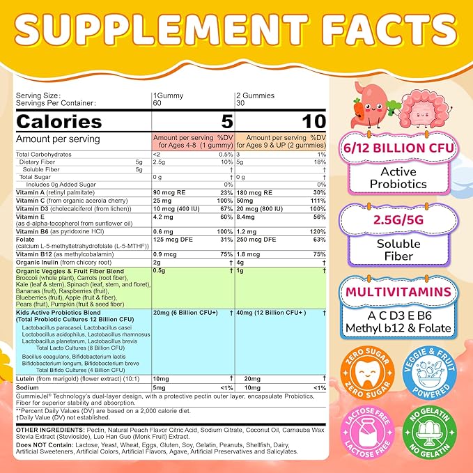 Probiotics for Kids Teen + Veggie & Fruit Fiber Gummies, with 12 Billion CFU Probiotic, Organic Inulin Prebiotics Fiber, Methyl B12 B6 C for Children's Digestive & Gut, Immune Health, Sugar Free,60Cts