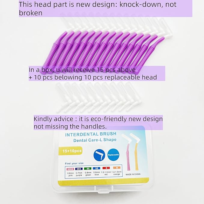 Interproximal Brush, Gum Interdental Brushes, L Angle Reusable Dental Cleaners Brushes,Disposable Oral Dental Hygiene Brush,Dental Toothpick Floss for Braces,Tooth Cleaning Tool (0.7mmPurple, Normal)
