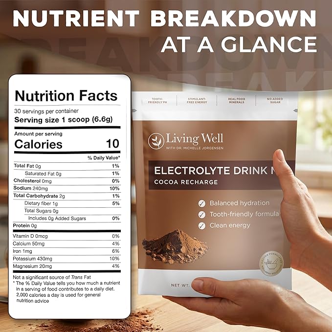 Living Well with Dr. Michelle Chocolate Electrolyte Powder – Caffeine-Free Electrolyte Drink Mix for Clean Hydration & Energy, Sugar-Free Cocoa Flavor