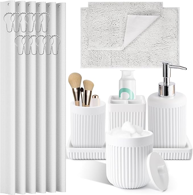 8-Piece White Bathroom Set - Resin Bathroom Accessories Sets Complete with Shower Curtain and Rugs, Soap Dispenser, Toothbrush Holder, Cup, Tray & Cotton Swab Jars