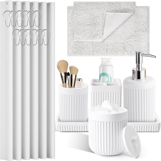 8-Piece White Bathroom Set - Resin Bathroom Accessories Sets Complete with Shower Curtain and Rugs, Soap Dispenser, Toothbrush Holder, Cup, Tray & Cotton Swab Jars