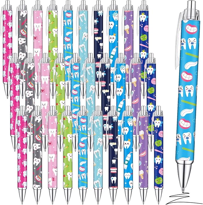 30 Pcs Teeth Pens Bulk Dental Gifts Retractable Dentists Ballpoint Pen Black Ink with Paper Scroll Inside Dental Assistant Accessories Dentists Gifts for Office School Stationery