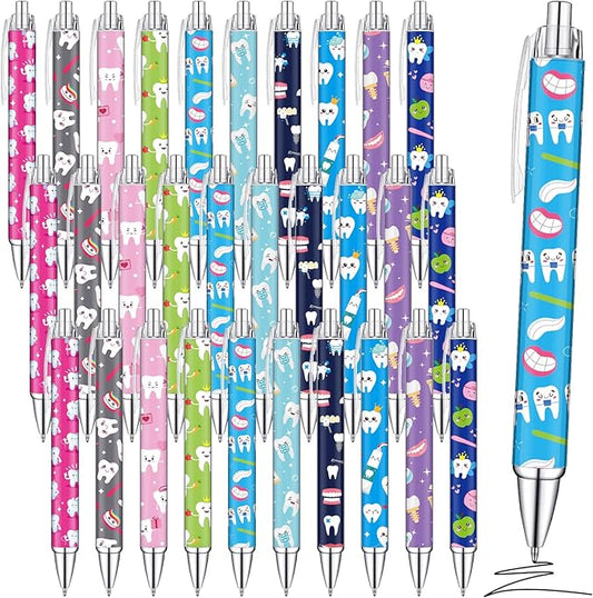 30 Pcs Teeth Pens Bulk Dental Gifts Retractable Dentists Ballpoint Pen Black Ink with Paper Scroll Inside Dental Assistant Accessories Dentists Gifts for Office School Stationery