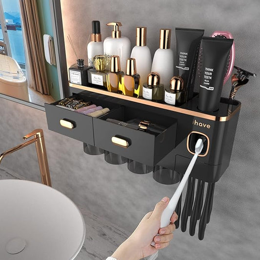 iHave Toothbrush Holders for Bathrooms - Upgrade Wall Mounted Toothbrush Holder with Toothpaste Dispenser - 4 Cups, Large Capacity Tray, 2 Cosmetic Drawer - Bathroom Organizers and Storage