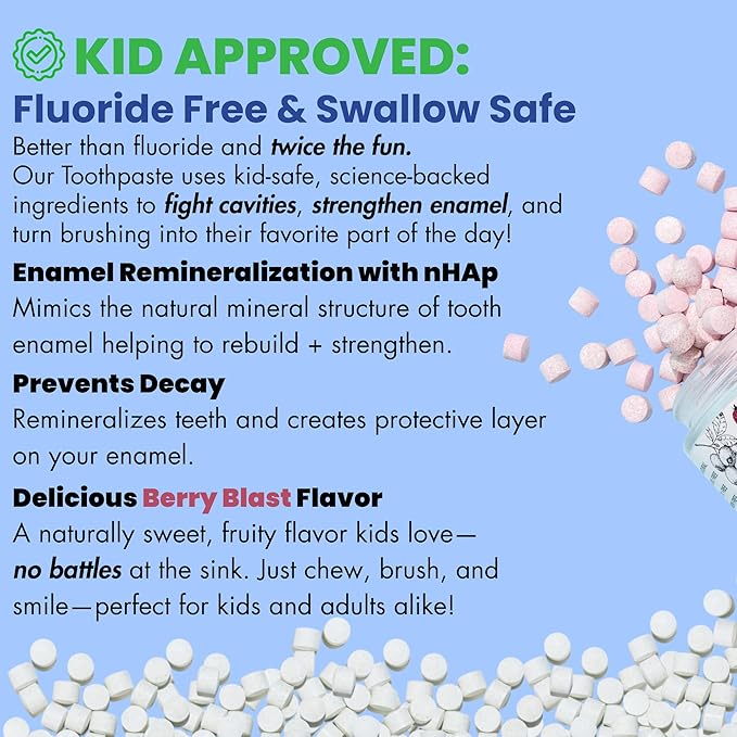 Vital Toothpaste Tabs with Nano-Hydroxyapatite | Berry Blast | Remineralizes Teeth | Kids Love It! | Fluoride Free | Plastic Free & Eco Friendly | Travel & TSA Approved | 248 Tablets (4 Months)