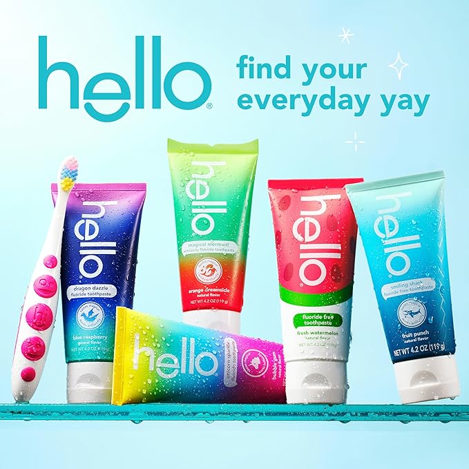 Hello Kids Toothbrush and Kids Toothpaste with Fluoride Holiday Gift Set, for Ages 3 and Older, Includes Bubblegum and Blue Raspberry Flavored Toothpastes, an Hourglass Timer, and Fun Holiday Crafts