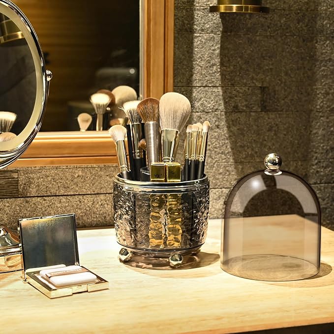 Makeup Brush Holder with Lid 360 Rotating Make up Brushes Storage for Vanity, Waterproof & Dustproof (Greyish-Green)