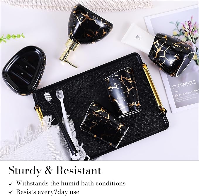 Black Bathroom Accessories Set,Gold Marble Look Bathroom Decor,Modern 6 Piece Bathroom Accessory Set,Complete with Soap Dispenser,Toothbrush Holder,Tumbler,Tray Countertop