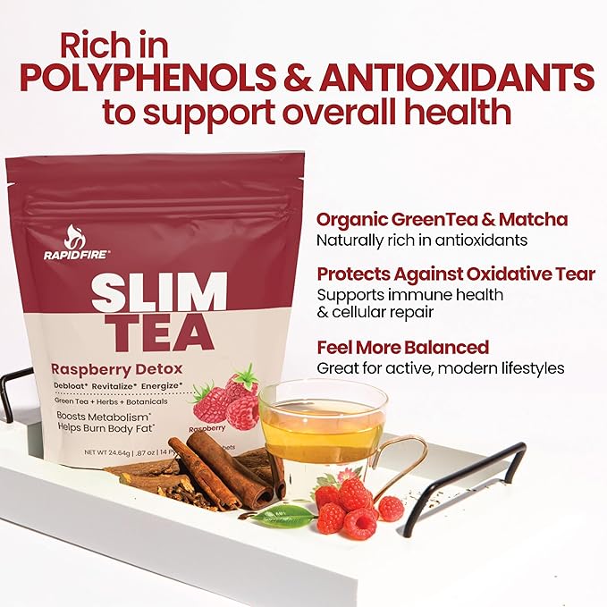 Rapid Fire Slim Tea Bags, Blend of Natural Herbs and Botanicals, Promotes Energy and Digestion, Supports Metabolism, 14 Servings, Raspberry Flavor