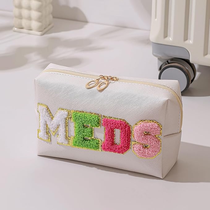 Cute Chenille Letter Patch Medicine Makeup Bag, PU Leather Waterproof MEDS Cosmetic Bag with Zipper, Travel Toiletry MEDS Pouch, Daily Use Portable Organizer Makeup Bag (01Beige Bag)