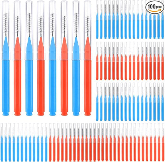 100 Pcs Interdental Brushes, 2 Sizes Braces Flossers for Cleaner Brace Brush Soft Dental Brushe Toothpicks Dental Floss Picks Dental for Braces Oral Cleaning(Red,Blue)