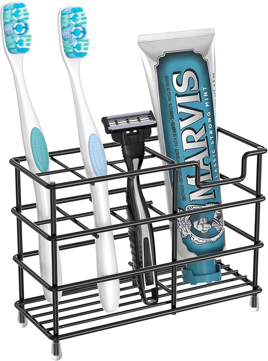 HBlife Medium Toothbrush Holder for Bathroom, 7 Slots Black Stainless Steel Bathroom Accessories Organizer for Small Spaces