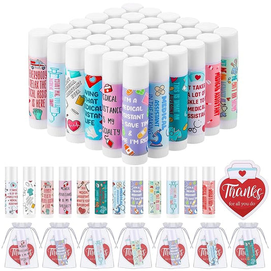 36 Set Medical Assistant Gift MA Lip Balm Thank You Tag Organza Bag Medical Assistants Appreciation Gift for Doctor Nurse Healthcare Nursing Accessory Valentine's Day CMA Recognition Favors
