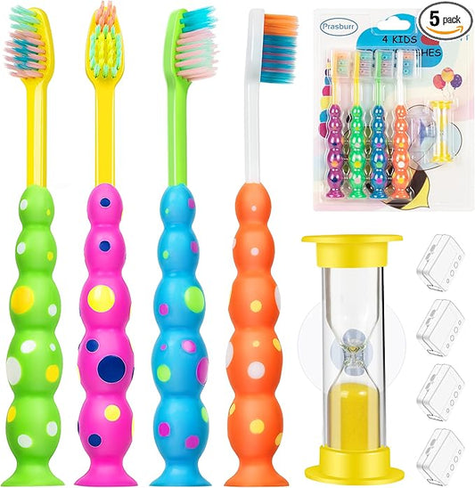 Kids Toothbrush, Toddler Toothbrush Age 2-4 and Older, with Suction Timer, Children Sized Brush Heads (3-10 Year Old), Flossing Bristles, Pack of 4