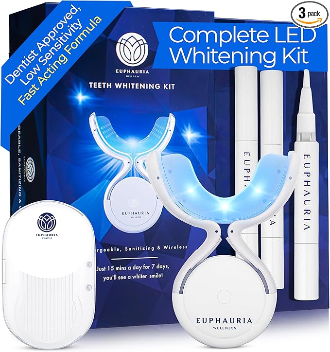 Premium Teeth Whitening Kit with a Rechargeable Wireless Red and Blue UV Whitening Spectrum LED Lights Accelerator Mouthpiece, a Sanitizing Travel Storage Case & Three 2 ml Whitening Gel Pen