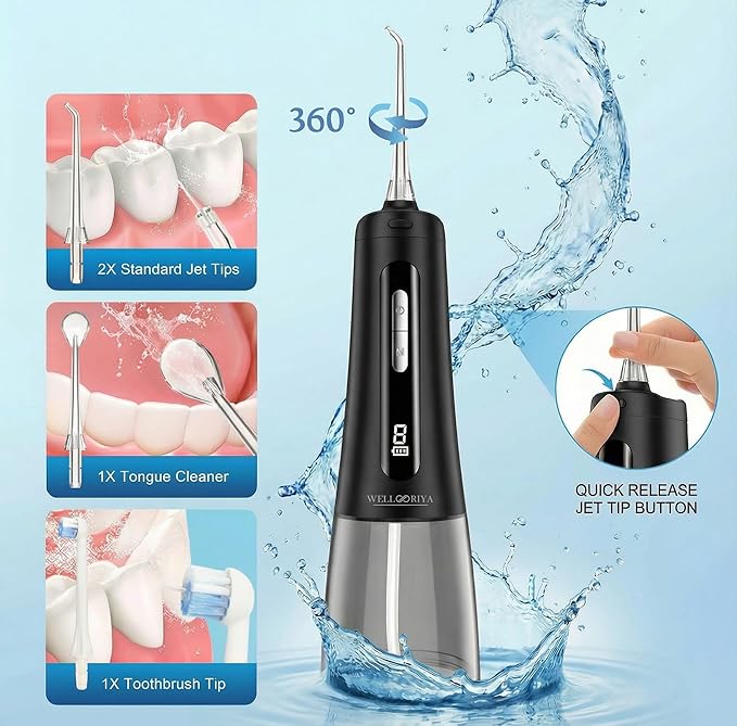 Cordless Water Flosser for Teeth – 300mL Large Tank, 9 Pressure Levels, LED Display, USB-C Rechargeable, IPX7 Waterproof Dental Oral Irrigator for Home & Travel (Black)