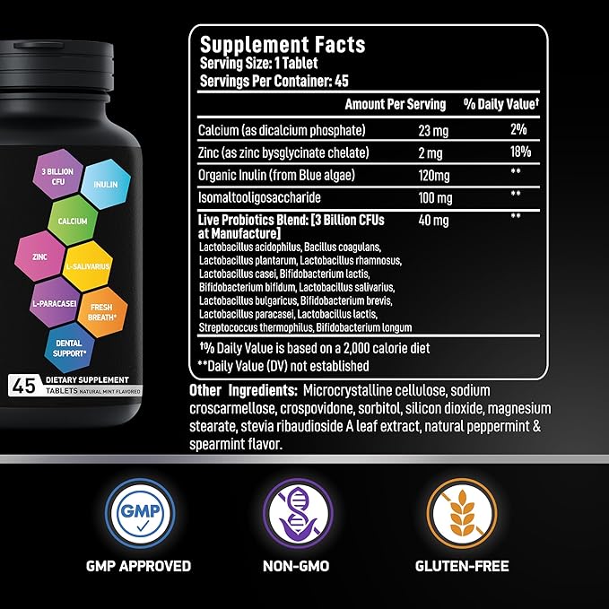 Dental Probiotics for Bad Breath & Oral Health - Best Lactobacillus Salivarius Probiotic Tablets Fight Chronic Bad Breath and Restore Good Bacteria - Oral Probiotics for Teeth and Gums - 90 Tablets