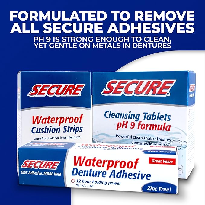 Secure Denture Adhesive Strips – Zinc Free – Waterproof – Comfortable Cushion Fit for Lowers – Extra Firm All-Day-Hold – No Mess – Clean Ingredients – 120 Strips (8 Pack)