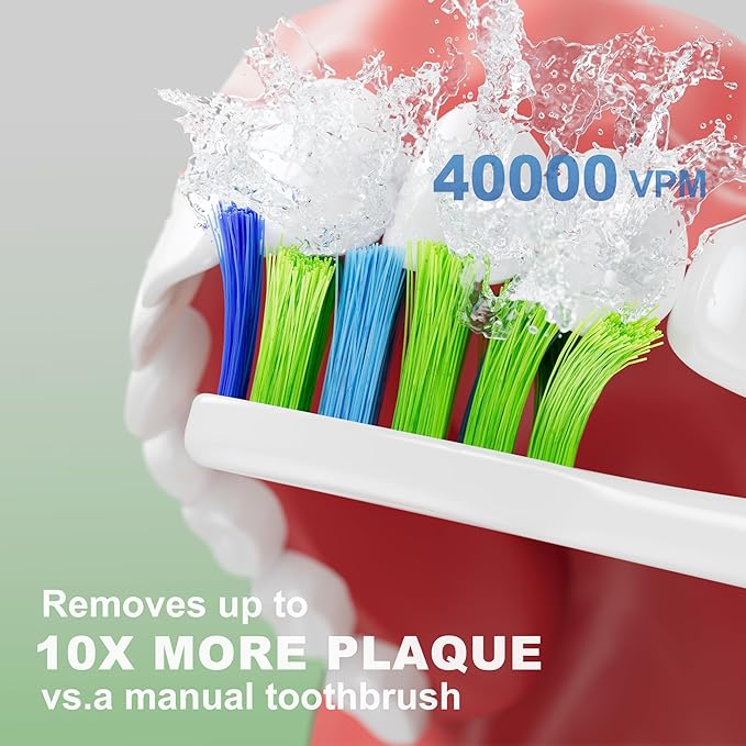 7AM2M Sonic Electric Toothbrush for Adults and Kids, 40000VPM Power Toothbrushes, USB-C Rechargeable with 4 Brush Heads, 5 Modes, 2 Minutes Built in Smart Timer, One Charge for 60 Days (Green)