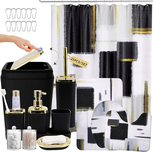 Bathroom Accessories Set - 25PC Bathroom Set with Shower Curtain and Rugs, Black Bathroom Set, Bathroom Accessory Set with Press-on Lid Trash Can, Soap Dispenser and Qtip Holders