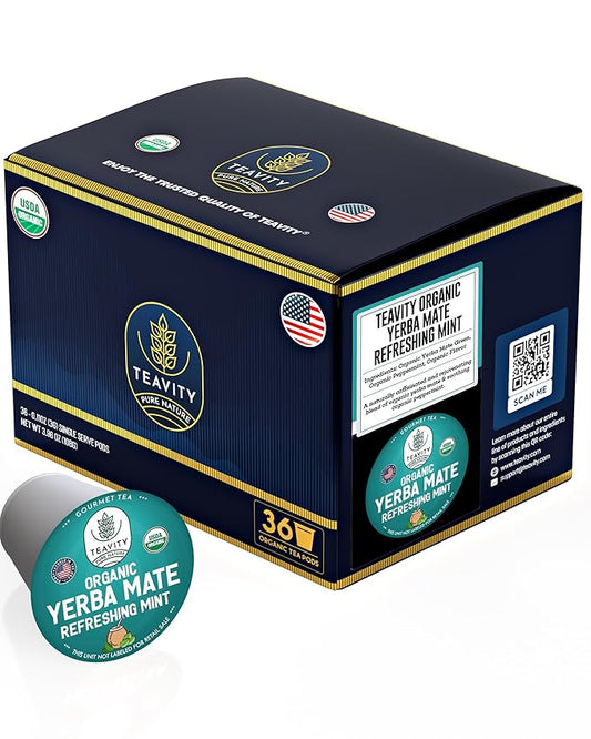 Organic Yerba Mate Refreshing Mint Tea Pods - Naturally Caffeinated Yerba Mate Tea Pod for Keurig Brewers by Teavity (36 Tea Pods)