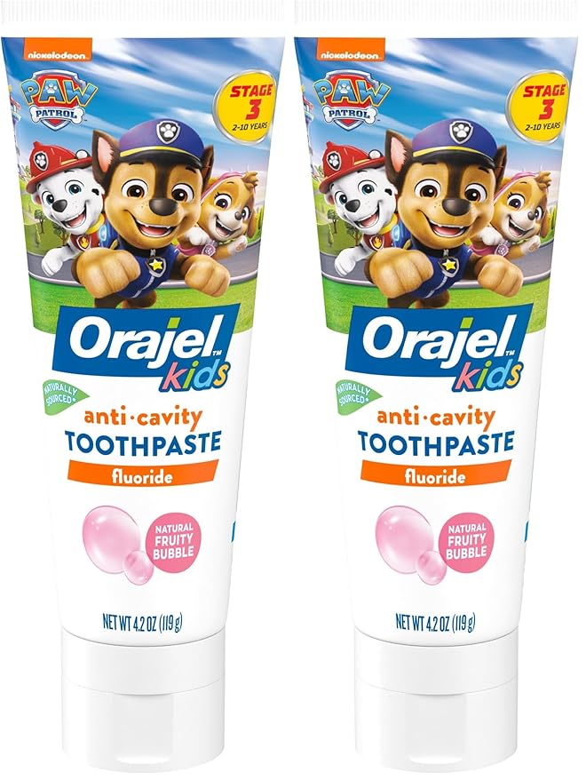 Orajel Kids Paw Patrol Anti-Cavity Fluoride Toothpaste, Natural Fruity Bubble Flavor, 4.2oz Tube (Pack of 2)
