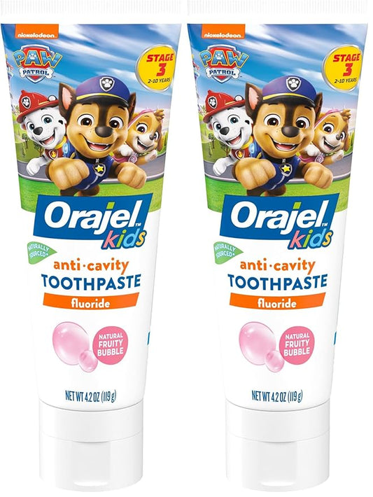 Orajel Kids Paw Patrol Anti-Cavity Fluoride Toothpaste, Natural Fruity Bubble Flavor, 4.2oz Tube (Pack of 2)