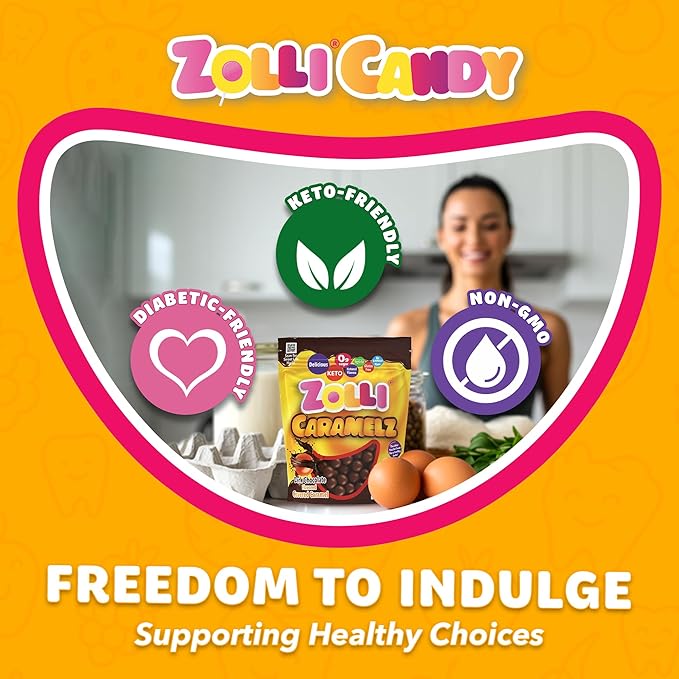 Zolli Caramelz in Dark Chocolate - Sugar-Free Candy, Keto & Diabetic-Friendly Healthy Candy, Dentist-Approved Treats for Kids, 3 oz
