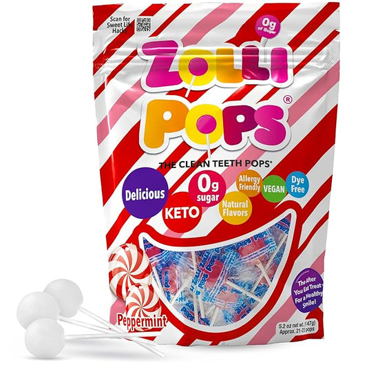 Zollipops Clean Teeth Pops Sugar Free Candy with Xylitol, Dye-Free Lollipops - Keto & Diabetic-Friendly, Dentist-Approved Treats for Kids (Peppermint 5.2 oz)