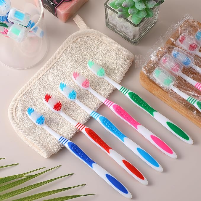 Tioncy 500 Pack Toothbrushes Bulk Individually Wrapped Pack with Covers Colorful Tooth Brushes Medium Disposable Soft Bristles Adult Manual Toothbrush for Travel Hotel Packages Relief Donations