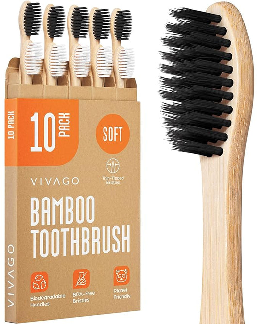 Soft Flossing Bamboo Toothbrushes 10 Pack - BPA Free Soft Bristles Toothbrushes for Adults, Natural Wooden Toothbrush