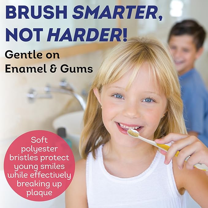 MOUTHWATCHERS Soft Childrens Flossing Manual Toothbrush, Set of 2, Pink and Yellow Toothbrushes for Kids & Teens, Ultra Clean, by Dr. Plotka's