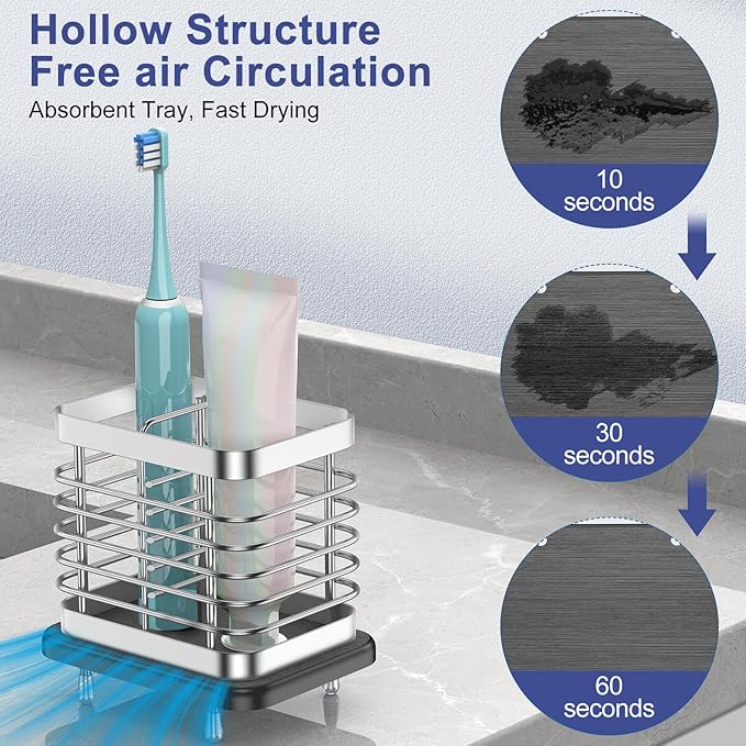 Toothbrush Holders for Bathroom, Adhesive Electric Toothbrush Holder with Fast Dry Tray Wall Mounted Toothbrush Holder Shower Toothpaste Bathroom Organizer Essentials, 2 Slots, Silver