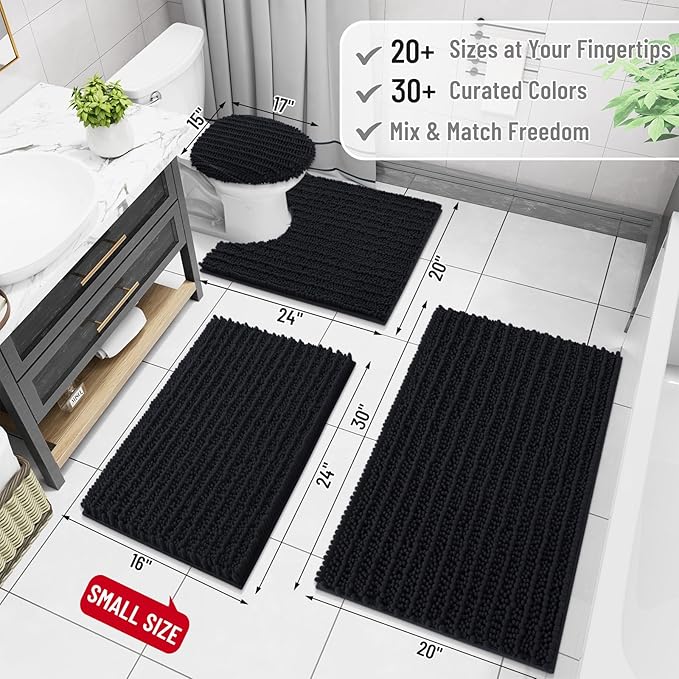 Arotive Luxury Chenille Bathroom Rug Mat, Extra Soft Thick Absorbent Shaggy Bath Rugs, Non-Slip Machine Wash Dry, Plush Bath Mats for Bathroom, Shower and Tub, 70x46, Black