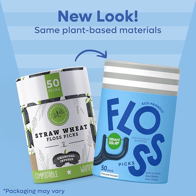 Individually Wrapped Dental Floss Picks (50ct) - Eco-Friendly Flosser Handle Made with Straw Wheat Blend | Great for Travel | PFA Free | Toothpick Stick End | Bamboo Charcoal Thread Whitens Teeth