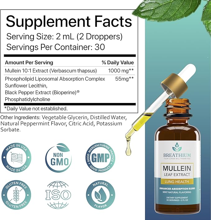 4-in-1 Mullein Drops for Lungs & Gut Health – Liposomal Mullein Leaf Extract, Sunflower Lecithin & Choline for Immune, Digestive, Allergy & Mucus Relief – Made in USA – 2oz Peppermint