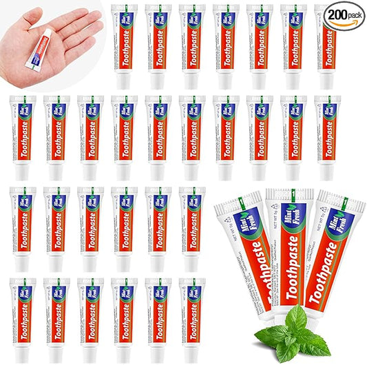 HOFASON 200 Tubes Bulk Travel Size Toothpaste 0.18 oz, Extra Small 2.28x0.78 inches Disposable Travel Size Bulk Mini Toothpaste Peppermint for Bad Breath, Guests, Homeless, Hotel, Charity Toiletries