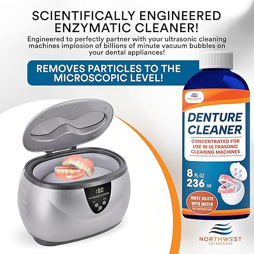 Ultrasonic Denture Cleaner - Denture Cleaner for All Types of Dentures - Denture Cleaning Solution Removes Stains, Plaque, Grime, and Build-up (16 Ounces)