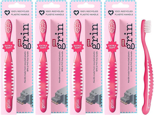 Grin Kids 100% Recycled Toothbrush, Extra Soft, 4 Count, Pink, Gentle Care for Baby and Toddler Teeth