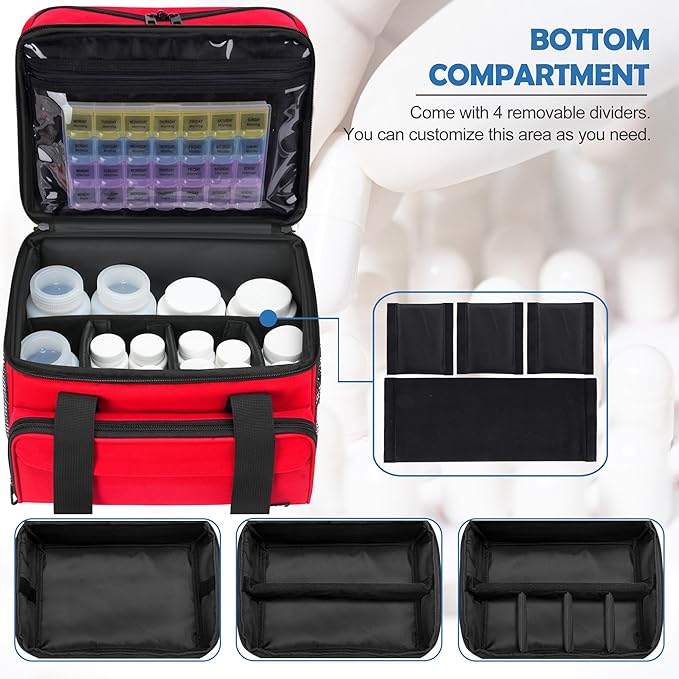 LIZSEN Large Medicine Storage Bag, Double Layer Pill Bottle Organizer Storage Bags with Lockable Zipper, Medication Travel Bag Carrying Case for Men Women (Red)
