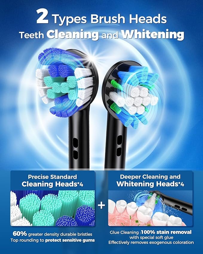 TEETHEORY Rotating Electric Toothbrush for Adults with 8 Brush Heads (2 Types), 4 Modes Deep Clean Electric Toothbrush with Rechargeable Power and 2 Min Smart Timer (1- Black, p1)
