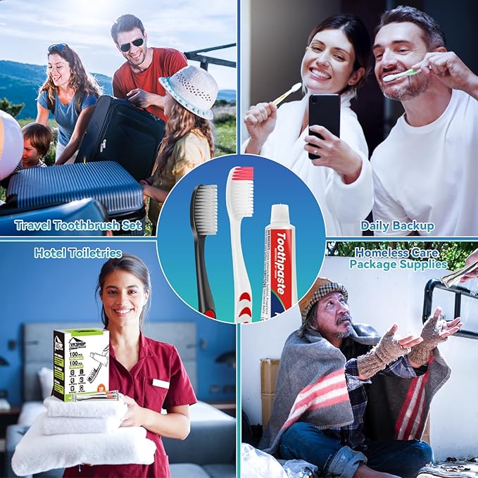 120 Pack Disposable Toothbrushes with Toothpaste, Individually Wrapped for Adults, Travel, Hotel, Donation, Homeless Shelters, OCC Care Packages - Medium Bristle (White)