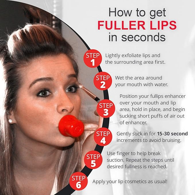 Lip Plumper Tool - Small Oval with Bonus Medium Oval Enlarger - Self Suction Plumping Device For Fuller Lips - Plump in Seconds - Natural Instant Lip Enhancement Kit - Red Plastic Plumpers