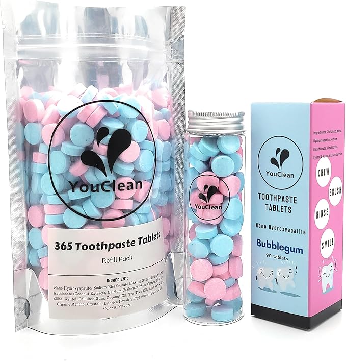 90 Toothpaste Tablets in Refill/Recycle Glass Tube - for Travel and Daily Home Office Use - Nano Hydroxyapatite, Fluoride-Free, Vegan