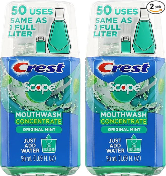 Crest Scope Mouthwash Concentrate, Travel Size Mouthwash, Original Mint Flavor, Helps Freshen Breath, 2 Pack -50 ml Squeeze Bottles
