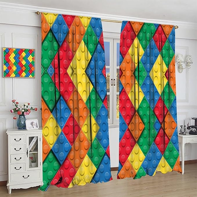 Kids Building Blocks Toy Curtains Boy Girl Room Printed Curtains Abstract Colorful Bricks Children's Nursery Blackout Curtains 42x54 Inches 2 Panels